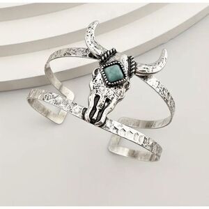 Vintage Inspired Western Cow Cattle Head Turquoise Cuff Bracelet Adjustable Boho